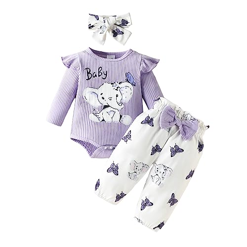 Infant Baby Girl Fall Winter Outfit Long Sleeve Cute Elephant Romper Tops Butterfly Floral Long Pants Headband Set (Purple,0-3 Months)