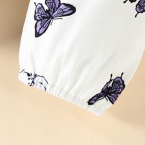 Infant Baby Girl Fall Winter Outfit Long Sleeve Cute Elephant Romper Tops Butterfly Floral Long Pants Headband Set (Purple,0-3 Months)