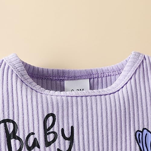 Infant Baby Girl Fall Winter Outfit Long Sleeve Cute Elephant Romper Tops Butterfly Floral Long Pants Headband Set (Purple,0-3 Months)