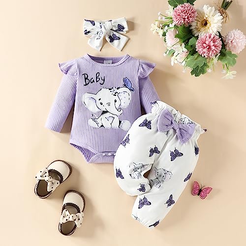 Infant Baby Girl Fall Winter Outfit Long Sleeve Cute Elephant Romper Tops Butterfly Floral Long Pants Headband Set (Purple,0-3 Months)