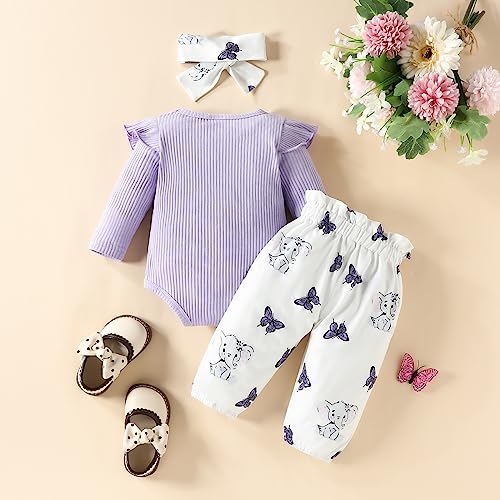 Infant Baby Girl Fall Winter Outfit Long Sleeve Cute Elephant Romper Tops Butterfly Floral Long Pants Headband Set (Purple,0-3 Months)