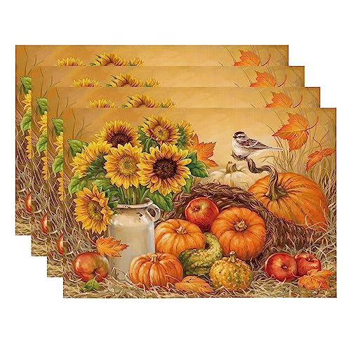 Fall Placemats Set of 4 Thanksgiving Pumpkin Table Placemats, 12x18 Inch Autumn Farmhouse Rustic Seasonal Holiday Outdoor Dining Table Place Mats for Home Party Dining Decoration(Sunflowers)