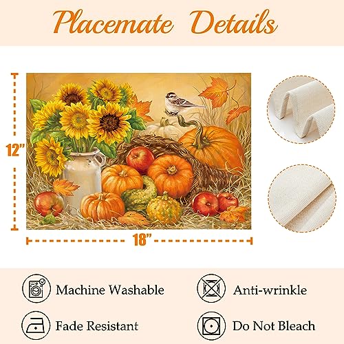 Fall Placemats Set of 4 Thanksgiving Pumpkin Table Placemats, 12x18 Inch Autumn Farmhouse Rustic Seasonal Holiday Outdoor Dining Table Place Mats for Home Party Dining Decoration(Sunflowers)