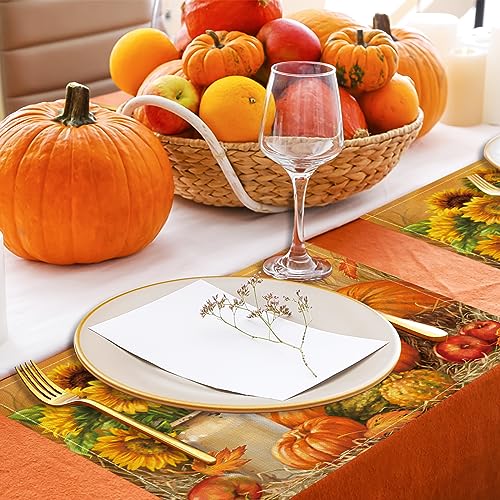 Fall Placemats Set of 4 Thanksgiving Pumpkin Table Placemats, 12x18 Inch Autumn Farmhouse Rustic Seasonal Holiday Outdoor Dining Table Place Mats for Home Party Dining Decoration(Sunflowers)