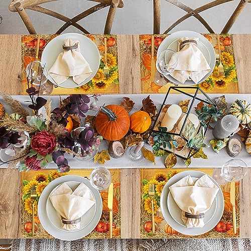 Fall Placemats Set of 4 Thanksgiving Pumpkin Table Placemats, 12x18 Inch Autumn Farmhouse Rustic Seasonal Holiday Outdoor Dining Table Place Mats for Home Party Dining Decoration(Sunflowers)