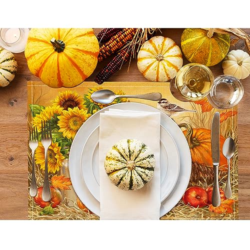 Fall Placemats Set of 4 Thanksgiving Pumpkin Table Placemats, 12x18 Inch Autumn Farmhouse Rustic Seasonal Holiday Outdoor Dining Table Place Mats for Home Party Dining Decoration(Sunflowers)