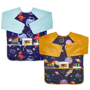 lictin 2 pack kids art smocks, toddler smock, waterproof artist painting aprons for children, with long sleeve and 3 pockets for age 3-8 years