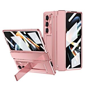 breclar for samsung galaxy z fold 5 case hinge coverage protective bulit-in screen protector kickstand plating pc all-inclusive cover for z fold 5 (rose gold)