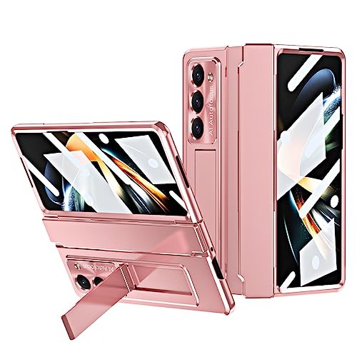 Breclar for Samsung Galaxy Z Fold 5 Case Hinge Coverage Protective Bulit-in Screen Protector Kickstand Plating PC All-Inclusive Cover for Z Fold 5 (Rose Gold)