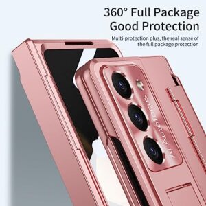 Breclar for Samsung Galaxy Z Fold 5 Case Hinge Coverage Protective Bulit-in Screen Protector Kickstand Plating PC All-Inclusive Cover for Z Fold 5 (Rose Gold)