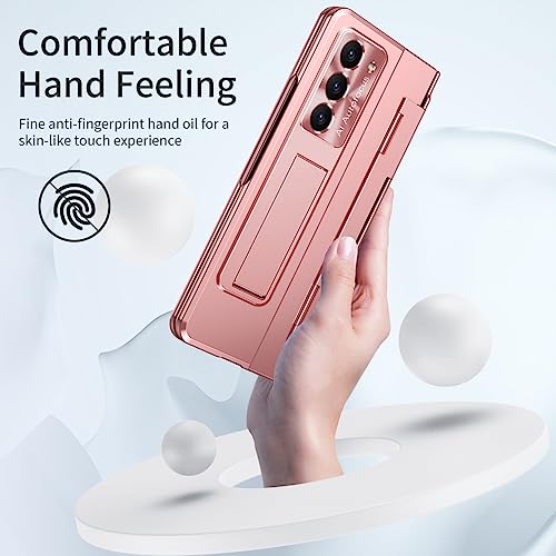 Breclar for Samsung Galaxy Z Fold 5 Case Hinge Coverage Protective Bulit-in Screen Protector Kickstand Plating PC All-Inclusive Cover for Z Fold 5 (Rose Gold)