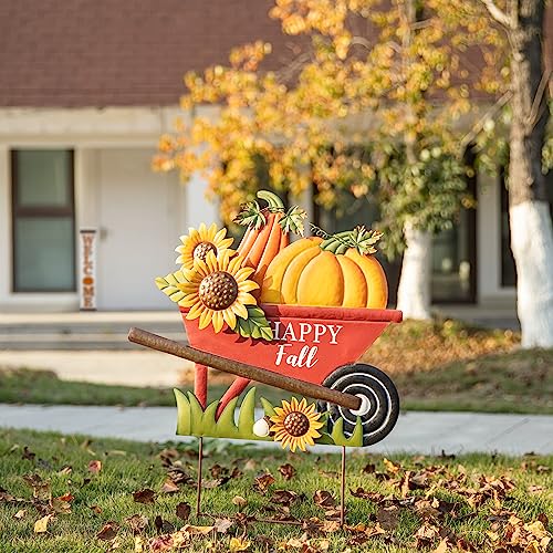 Glitzhome 30"H Fall Metal Wheel Barrow Pumpkin Yard Stake/Hanging Wall Decor,Pumpkin Wagon Cart with Happy Fall Signs,Fall Harvest Porch Decorations for Thanksgiving Autumn Halloween Party Supplies