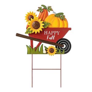 Glitzhome 30"H Fall Metal Wheel Barrow Pumpkin Yard Stake/Hanging Wall Decor,Pumpkin Wagon Cart with Happy Fall Signs,Fall Harvest Porch Decorations for Thanksgiving Autumn Halloween Party Supplies