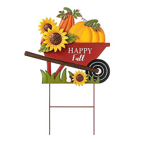 Glitzhome 30"H Fall Metal Wheel Barrow Pumpkin Yard Stake/Hanging Wall Decor,Pumpkin Wagon Cart with Happy Fall Signs,Fall Harvest Porch Decorations for Thanksgiving Autumn Halloween Party Supplies