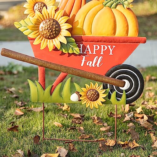 Glitzhome 30"H Fall Metal Wheel Barrow Pumpkin Yard Stake/Hanging Wall Decor,Pumpkin Wagon Cart with Happy Fall Signs,Fall Harvest Porch Decorations for Thanksgiving Autumn Halloween Party Supplies