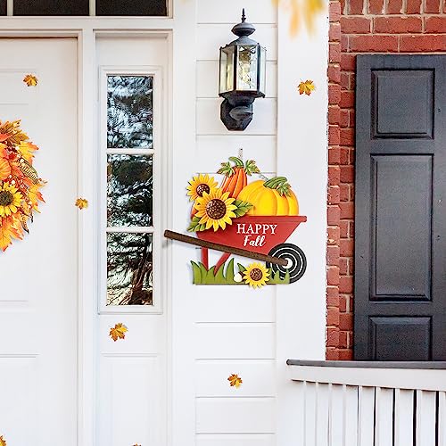 Glitzhome 30"H Fall Metal Wheel Barrow Pumpkin Yard Stake/Hanging Wall Decor,Pumpkin Wagon Cart with Happy Fall Signs,Fall Harvest Porch Decorations for Thanksgiving Autumn Halloween Party Supplies