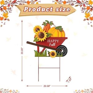 Glitzhome 30"H Fall Metal Wheel Barrow Pumpkin Yard Stake/Hanging Wall Decor,Pumpkin Wagon Cart with Happy Fall Signs,Fall Harvest Porch Decorations for Thanksgiving Autumn Halloween Party Supplies