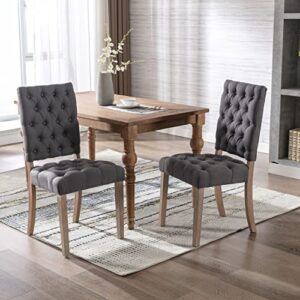 amnool linen dining chair set of 2 wooden frame tufted upholstered dining chairs with wooden legs desk chair side chair high back for kitchen dining room living room bedroom (grey)