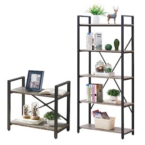 bon augure small bookshelf for small space, 5-tier industrial bookshelf, wood and metal bookcase for living room, bedroom and office (dark gray oak)
