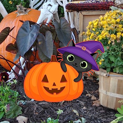 LUOZZY 2pcs Halloween Outdoor Decorations Black Cat Pumpkin Yard Stakes Garden Cat Sign with Stake Halloween Yard Decors