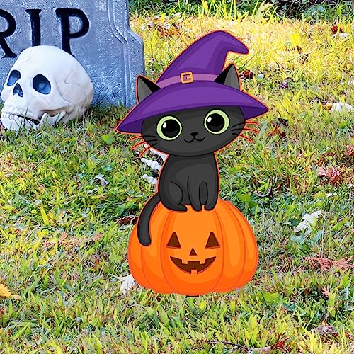 LUOZZY 2pcs Halloween Outdoor Decorations Black Cat Pumpkin Yard Stakes Garden Cat Sign with Stake Halloween Yard Decors