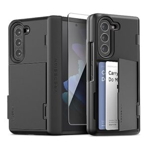 vrs design phone case for samsung galaxy z fold 5 5g (2023) [terra guard modern go] holds up to 2 cards wallet case, hinge protection case with tempered glass screen protector (matte black)