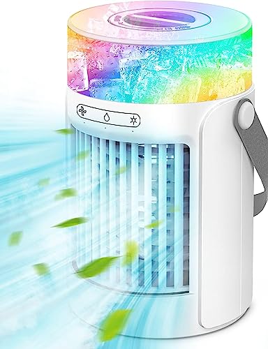 Portable Air Conditioners Fan, Evaporative Mini Air Cooler with 3 Speeds 7 Colors, Misting Humidifier Personal Air Cooler Touch Screen Desktop Cooling Fan with Large Water Tank for Home Room Office