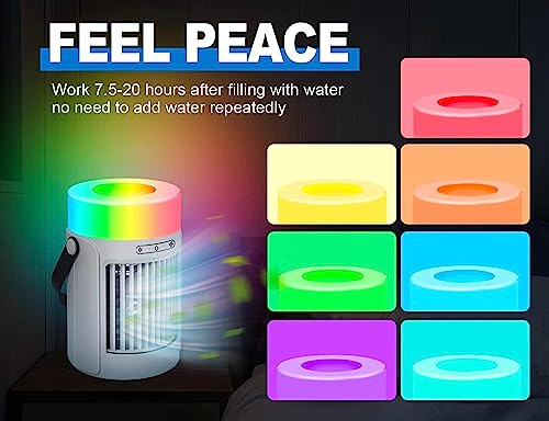 Portable Air Conditioners Fan, Evaporative Mini Air Cooler with 3 Speeds 7 Colors, Misting Humidifier Personal Air Cooler Touch Screen Desktop Cooling Fan with Large Water Tank for Home Room Office