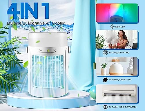 Portable Air Conditioners Fan, Evaporative Mini Air Cooler with 3 Speeds 7 Colors, Misting Humidifier Personal Air Cooler Touch Screen Desktop Cooling Fan with Large Water Tank for Home Room Office