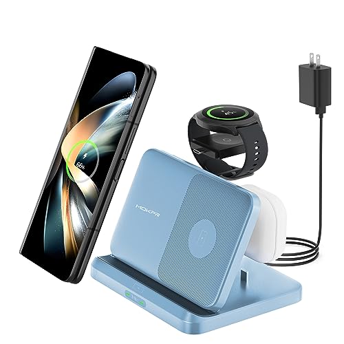 Charging Station for Samsung 3 in 1 Foldable Wireless Charger Fast Charger Dock Stand for Galaxy Z Fold 4/3, Z Flip 5/4/3, S23/S22/S21/S20, Note20/10 Ultra, Watch 5 Pro/5/4/3/Active, Buds+/2/Pro/Live