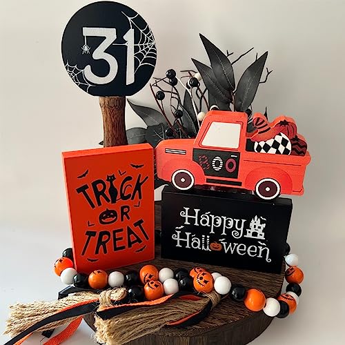 Halloween Decorations Indoor Kitchen Tiered Tray Decor, 5Pcs Boo Truck Spiderweb, Pumpkin Bead Garland, Trick or Treat, Happy Halloween Signs, Spooky Halloween Decor (A)