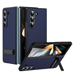 baili galaxy z fold5 case with kickstand,carbon fiber finish and glass back z fold5 cover with hd screen film,support wireless charging shell for samsung galaxy z fold5-blue
