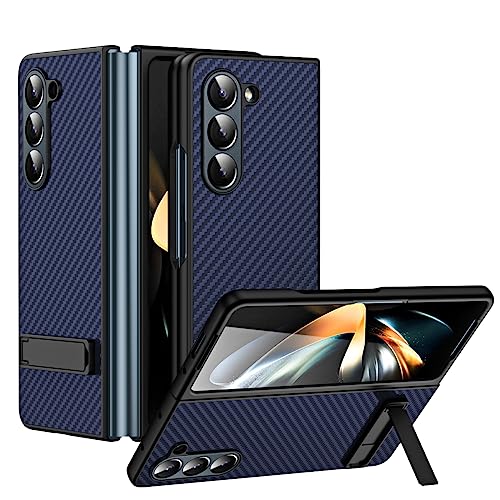 BAILI Galaxy Z Fold5 Case with Kickstand,Carbon Fiber Finish and Glass Back Z Fold5 Cover with HD Screen Film,Support Wireless Charging Shell for Samsung Galaxy Z Fold5-Blue