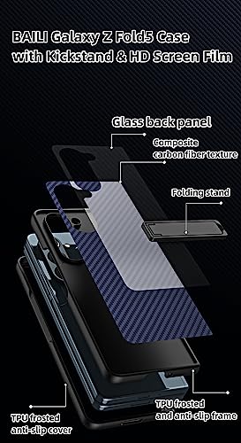 BAILI Galaxy Z Fold5 Case with Kickstand,Carbon Fiber Finish and Glass Back Z Fold5 Cover with HD Screen Film,Support Wireless Charging Shell for Samsung Galaxy Z Fold5-Blue