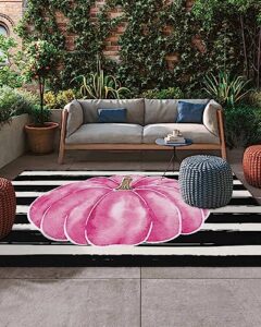 outdoor rug 4' x 6', thanksgiving fall large area rugs for patio/rv/deck/porch/indoors, black and white striped pink pumpkin water absorption camping rug carpet, lightweight washable rug runners