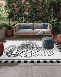 outdoor rug 4' x 6', fall thanksgiving large area rugs for patio/rv/deck/porch/indoors, black and white checkered pumpkin water absorption camping rug carpet, lightweight washable rug runners