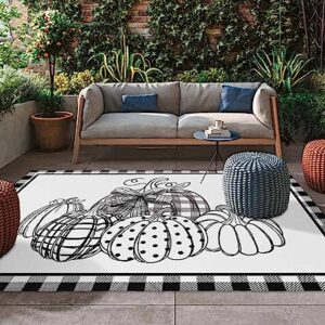 Outdoor Rug 4' x 6', Fall Thanksgiving Large Area Rugs for Patio/RV/Deck/Porch/Indoors, Black and White Checkered Pumpkin Water Absorption Camping Rug Carpet, Lightweight Washable Rug Runners