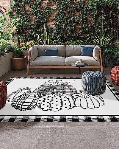 Outdoor Rug 4' x 6', Fall Thanksgiving Large Area Rugs for Patio/RV/Deck/Porch/Indoors, Black and White Checkered Pumpkin Water Absorption Camping Rug Carpet, Lightweight Washable Rug Runners