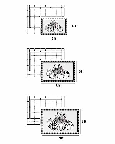 Outdoor Rug 4' x 6', Fall Thanksgiving Large Area Rugs for Patio/RV/Deck/Porch/Indoors, Black and White Checkered Pumpkin Water Absorption Camping Rug Carpet, Lightweight Washable Rug Runners