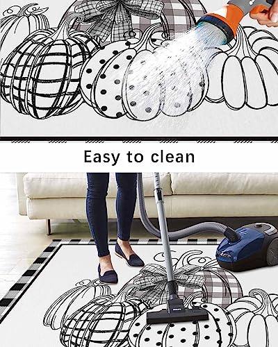 Outdoor Rug 4' x 6', Fall Thanksgiving Large Area Rugs for Patio/RV/Deck/Porch/Indoors, Black and White Checkered Pumpkin Water Absorption Camping Rug Carpet, Lightweight Washable Rug Runners