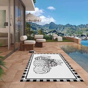 Outdoor Rug 4' x 6', Fall Thanksgiving Large Area Rugs for Patio/RV/Deck/Porch/Indoors, Black and White Checkered Pumpkin Water Absorption Camping Rug Carpet, Lightweight Washable Rug Runners