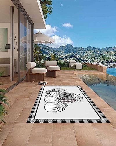 Outdoor Rug 4' x 6', Fall Thanksgiving Large Area Rugs for Patio/RV/Deck/Porch/Indoors, Black and White Checkered Pumpkin Water Absorption Camping Rug Carpet, Lightweight Washable Rug Runners