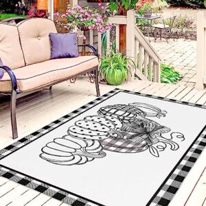 Outdoor Rug 4' x 6', Fall Thanksgiving Large Area Rugs for Patio/RV/Deck/Porch/Indoors, Black and White Checkered Pumpkin Water Absorption Camping Rug Carpet, Lightweight Washable Rug Runners