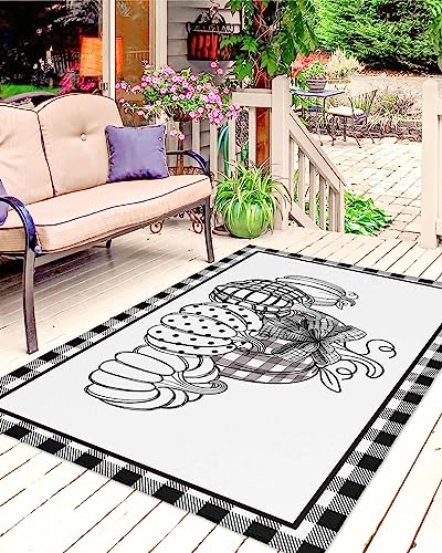 Outdoor Rug 4' x 6', Fall Thanksgiving Large Area Rugs for Patio/RV/Deck/Porch/Indoors, Black and White Checkered Pumpkin Water Absorption Camping Rug Carpet, Lightweight Washable Rug Runners