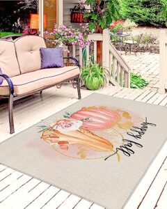thanksgiving fall outdoor rug for patio/deck/porch, non-slip area rug 6x9 ft, pink orange pumpkin autumn botanical rustic indoor outdoor rugs washable area rugs, reversible camping rug carpet runner