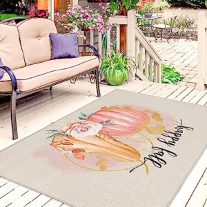 Thanksgiving Fall Outdoor Rug for Patio/Deck/Porch, Non-Slip Area Rug 6x9 Ft, Pink Orange Pumpkin Autumn Botanical Rustic Indoor Outdoor Rugs Washable Area Rugs, Reversible Camping Rug Carpet Runner