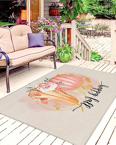 Thanksgiving Fall Outdoor Rug for Patio/Deck/Porch, Non-Slip Area Rug 6x9 Ft, Pink Orange Pumpkin Autumn Botanical Rustic Indoor Outdoor Rugs Washable Area Rugs, Reversible Camping Rug Carpet Runner