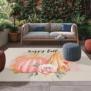 Thanksgiving Fall Outdoor Rug for Patio/Deck/Porch, Non-Slip Area Rug 6x9 Ft, Pink Orange Pumpkin Autumn Botanical Rustic Indoor Outdoor Rugs Washable Area Rugs, Reversible Camping Rug Carpet Runner