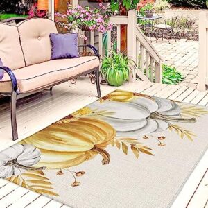 Fall Thanksgiving Outdoor Rug for Patio/Deck/Porch, Non-Slip Area Rug 6x9 Ft, Grey Orange Pumpkin Sunflower Botanical Rustic Indoor Outdoor Rugs Washable Area Rugs, Reversible Camping Rug Carpet