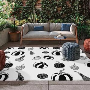 Thanksgiving Fall Outdoor Rug for Patio/Deck/Porch, Non-Slip Large Area Rug 6 x 9 Ft, Simple Black and White Fall Pumpkin Indoor Outdoor Rugs Washable Area Rugs, Reversible Camping Rug Carpet Runner